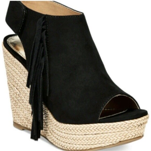 Report Boho Wedge Sandals Womens 9 Utility Espadrilles Black Suede Fringe Shoes - Picture 1 of 12